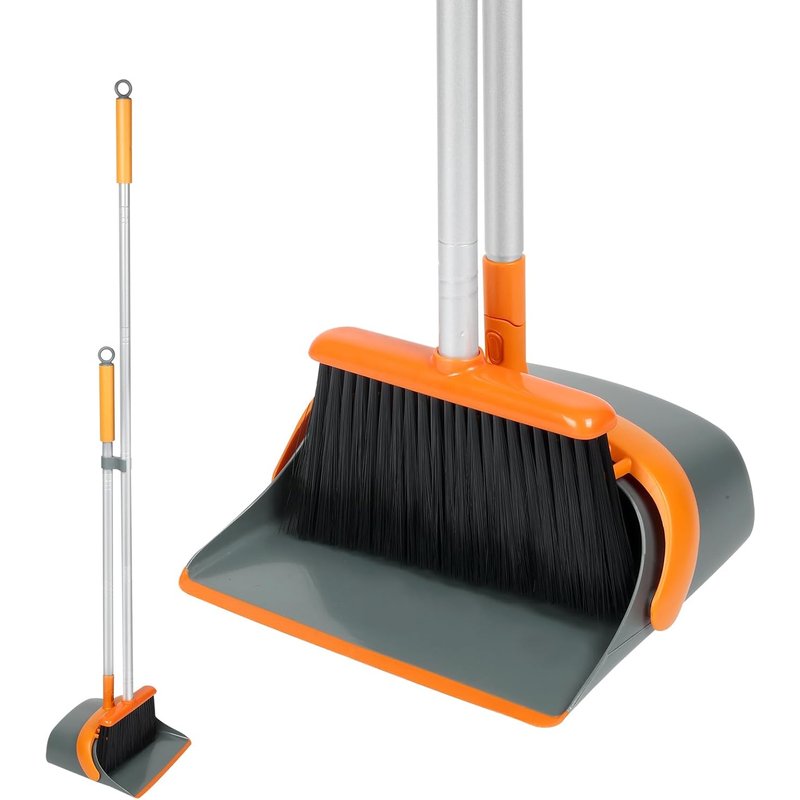 Broom and Dustpan Set with 54"" Long Handle-Dustpan and Brush Set Perfect for Effective Home Cleaning (Orange and Grey)