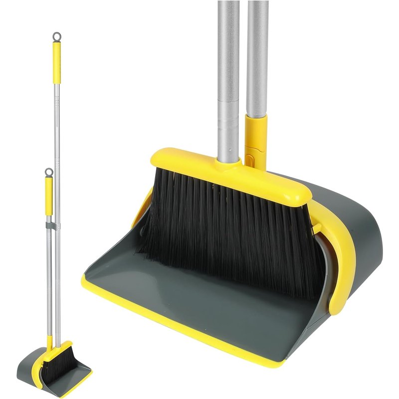 Broom and Dustpan Set with 54"" Long Handle-Dustpan and Brush Set Perfect for Effective Home Cleaning (Yellow and Grey)
