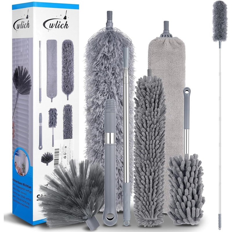 Wlich 8 Pcs Microfibre Telescopic Dusters Long Extendable with Telescopic Rod up to 250 cm Washable for Cobwebs High Covers Reusable Cleaning Kit