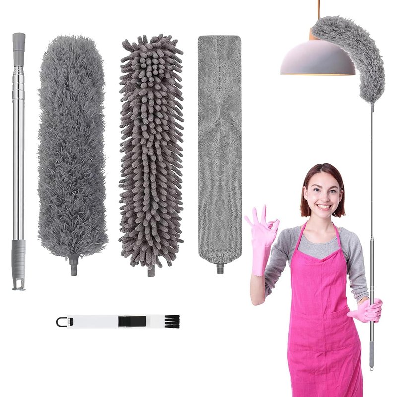 5 x Telescopic Dusters,Washable Microfibre Duster,Wolf Head Maximum Length 38-250 cm,Stainless Steel for Cars,Ceiling Fan,Spider Web,Furniture