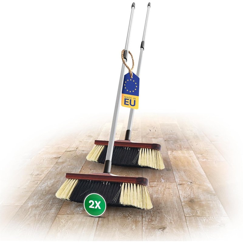 Set of 2 Indoor Broom with Telescopic Handle-Horse Hair Blend-Natural Fine Bristles-Wooden Handle with Thread