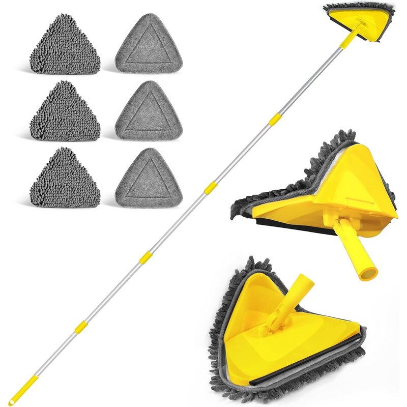 360° Rotating Cleaning Mop with Triangular Ceiling Mop with 202 cm Long Handle,Latest Design 180° Foldable Mop with 6 Microfibre Chenille Pads for Wall,Ceiling (Yellow)