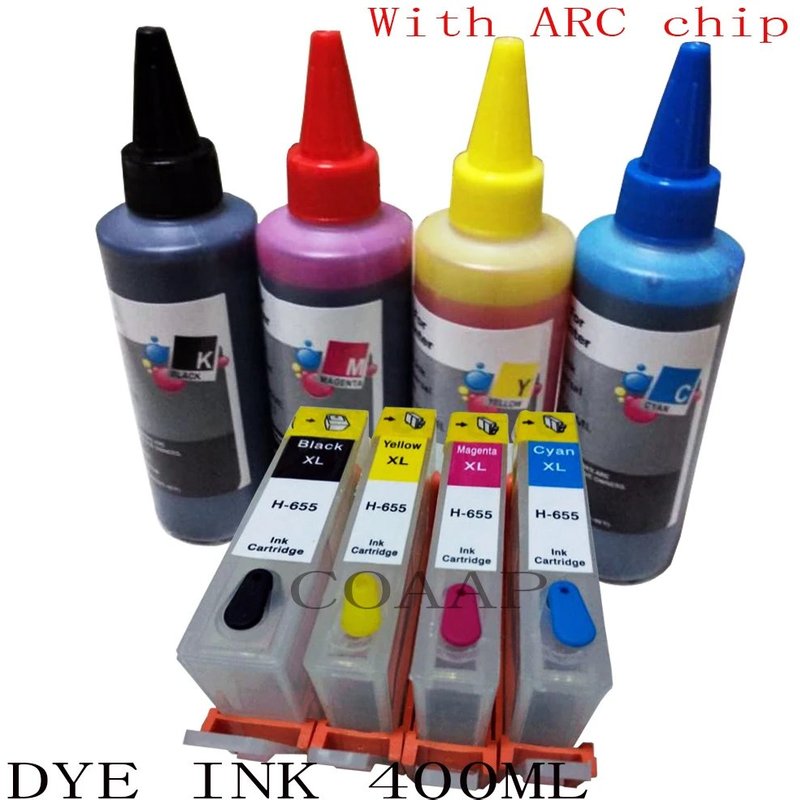 (Fill Set 400ML) Cartouche d'encre avec puce pour imprimante, compatible 655 Gardens 655 C M Y BK, pour Deskjet 3525 4615 4625 5525 6520 6525 6625