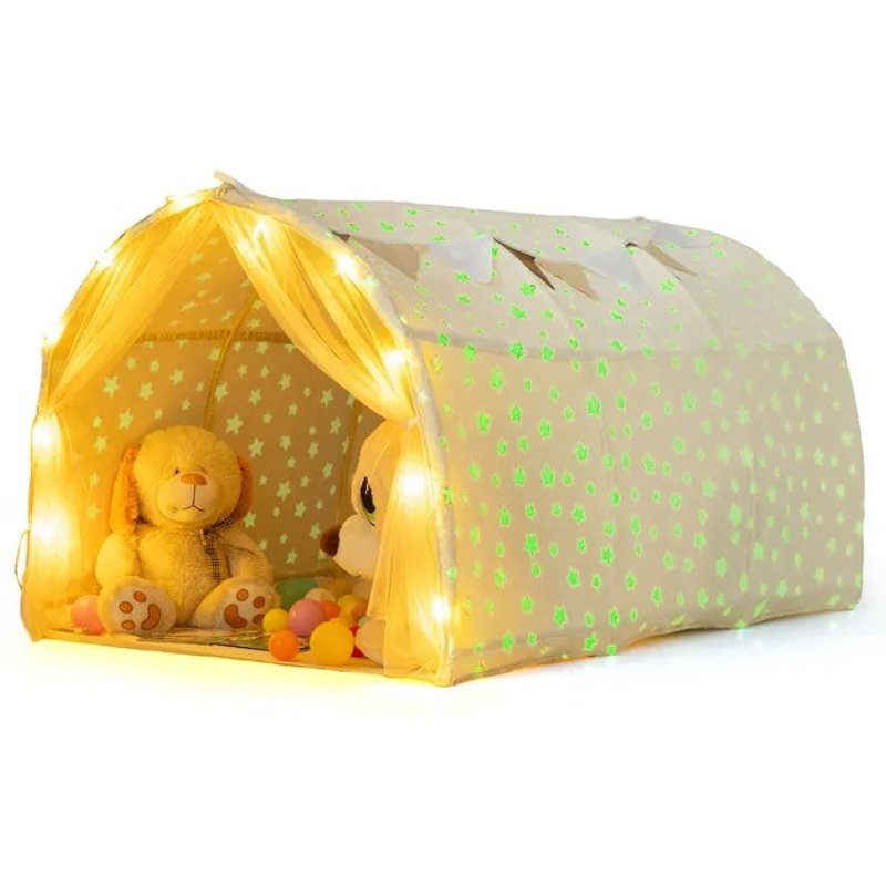 Tente De Jeu Enfants Costway Avec Étoiles Phosphorescentes, Rideaux En Filet, Guirlande Lumineuse, Fanions, 137 X 101 X 82 Cm