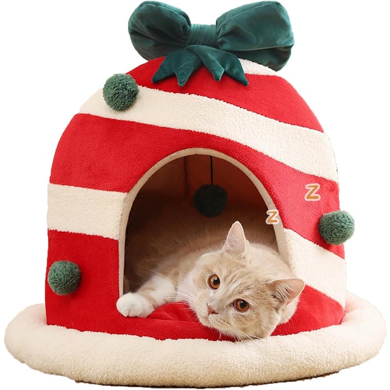Kattenbed - Schattig rond kerstkattenhuis - 40Ă—40Ă—38cm - Wordt geleverd met een balspeeltje - Afneembaar en wasbaar - Winterwarm kattenappartement - Tent Cat House