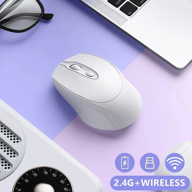 Souris d'ordinateur sans fil Rechargeable 2.4G, Compatible Bluetooth, USB, silencieuse, pour PC, ordinateur portable, Macbook, tablette White