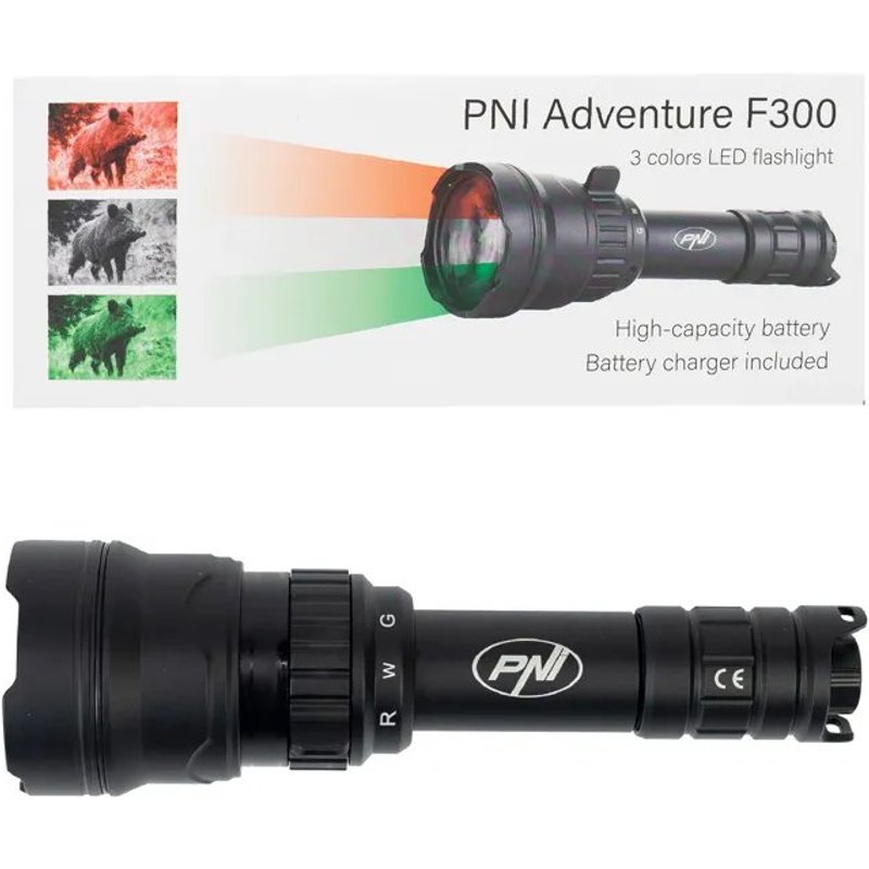 Lampe torche PNI Adventure F300 avec LED tricolore (blanc, rouge, vert), puissance maximale de 12 000 lumens
