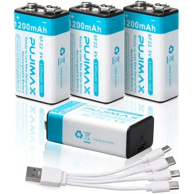 4 Piles Rechargeables 9V 1200mAh avec Câble de Charge 4-en-1, Compatibles Détecteurs de Fumée & Microphones.