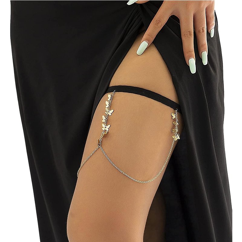 Chaîne De Cuisse Simple Style Bohème En Forme De Papillon, Chaîne De Jambe Élastique En Forme De Papillon, Chaîne De Corps En Métal À Pompon, Chaîne De Cuisse Extensible D'été Pour Femmes (Beurre)