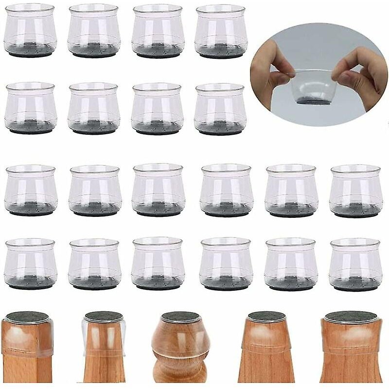 Lot de 20 protège-pieds de chaise en silicone avec patins en feutre, transparents, ronds ou carrés, pour pieds de chaise et de table