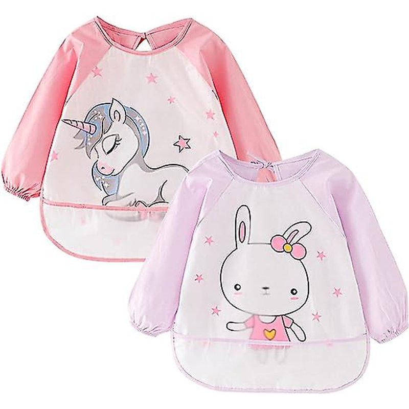 Tablier Bébé, Bavoirs, Lot De 2 Bavoirs Imperméables À Manches Longues Avec Pochette Récupératrice De Nourriture, Tablier Lavable Pour Bébés De 2 À 4 Ans, Bleu Et Vert