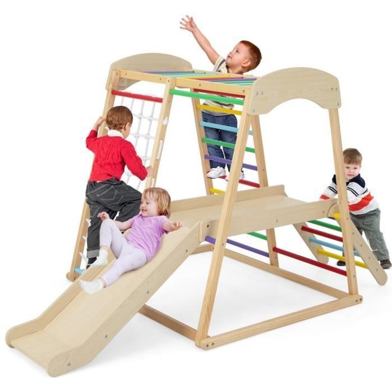 Triangle D'escalade - Costway - 6 En 1 En Bois Avec Toboggan Et Filet / Barre Pour Grimper, Ramper Et Glisser