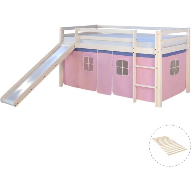 Lit mi-hauteur avec rideaux rose pale et toboggan