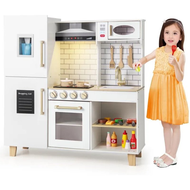 Cuisine Enfants COSTWAY en Bois avec Lumières et Sons, Machine à Glaçons, Hotte, Tableau Noir, Barbecue, 92 x 30 x 98 cm Blanc