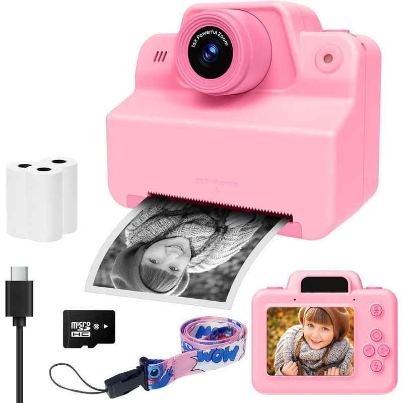 KALANKA-Appareil Photo pour Enfants, 2.4 Pouces Enfant Appareil Photo Numérique Instantané, Mini Caméra Rechargeable Caméscope Cadeau Jouet Filles Garçons de 3 à 12 Ans, Vidéo HD 1080p, SD Carte (Ros