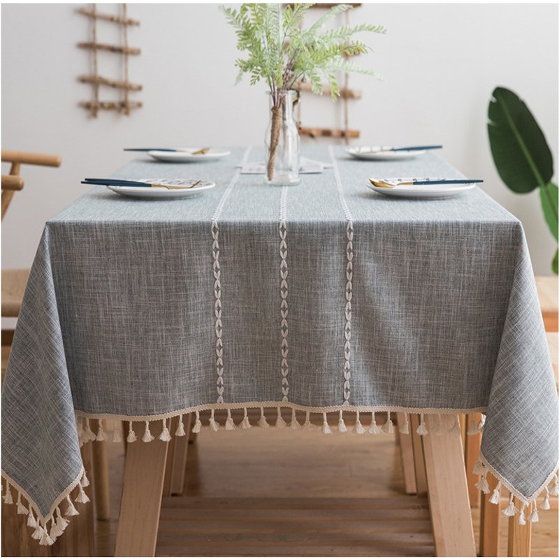 Tableau de table en coton-lin anti-rides gris 140 x 180 cm avec franges pompon, idéal pour 4-6 personnes, lavable en machine, design élégant pour salle à manger, cuisine et terrasse