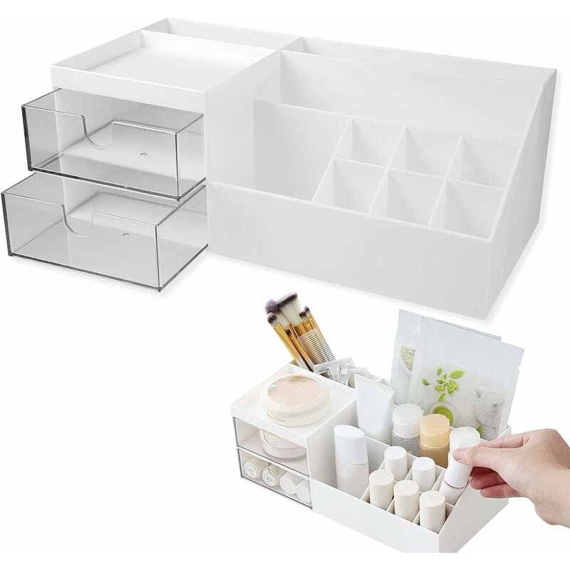 Organisateur de Cosmétiques Blanc en Plastique 24.5 x 12 x 9.1 cm avec 10 Compartiments et 2 Tiroirs pour Salle de Bain Bureau Chambre