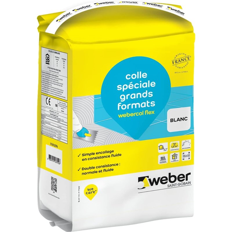 Colle carrelage blanc,5kg,spéciale grands carreaux et planchers chauffants,haut rendement,WEBERCOL FLEX,WEBER