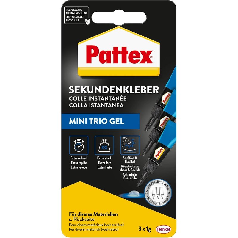 colle instantanée Ultra Gel Mini Trio,colle extra forte & flexible en 3 tubes,colle instantanée en gel pour p. ex. caoutchouc,cuir,bois,3x tube de 1 g