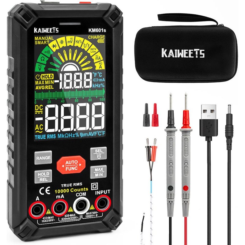 Multimètre numérique KAIWEETS KM601S, 10 000 points, mesure True-RMS, modes intelligent et manuel, batterie rechargeable, lampe torche, verrouillage automatique - Noir