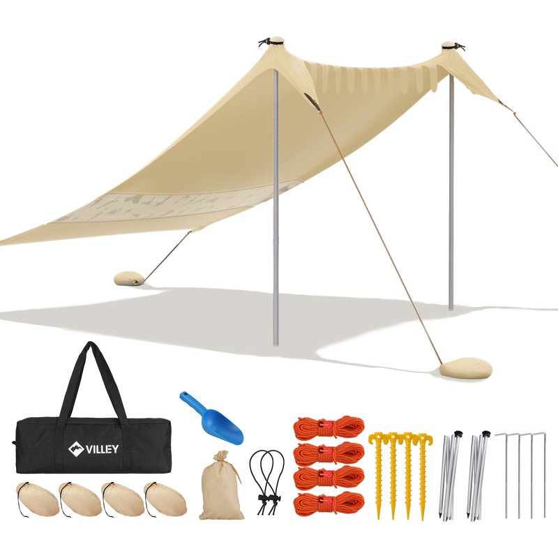 Tente De Plage Anti-Uv Villey, Upf50+, Abris De Plage Pour 3 Personnes, Lycra Tente Avec 2 Pièces Poteaux En Aluminium Et Sac De Sable Pour Camping L'extérieur,2m X 2,4m Kaki