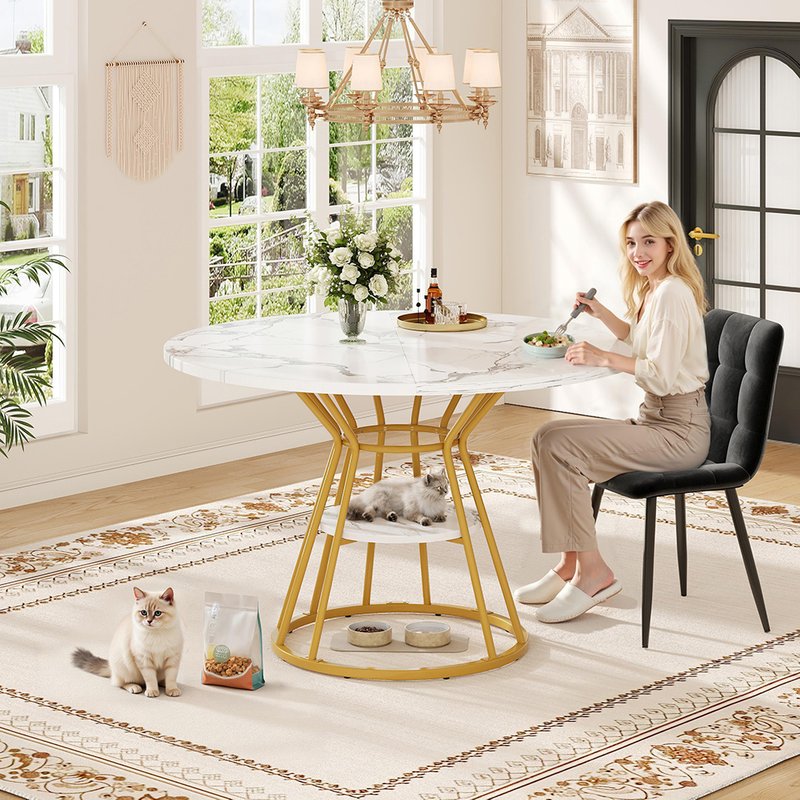 Table ronde marbre, pieds métal, motif marbré or/noir