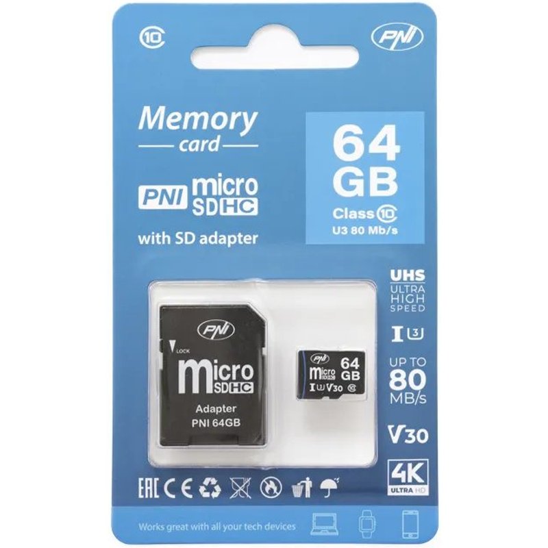 Carte mémoire microSD PNI 64 Go avec adaptateur SD, classe 10, 80 Mo/s, V30