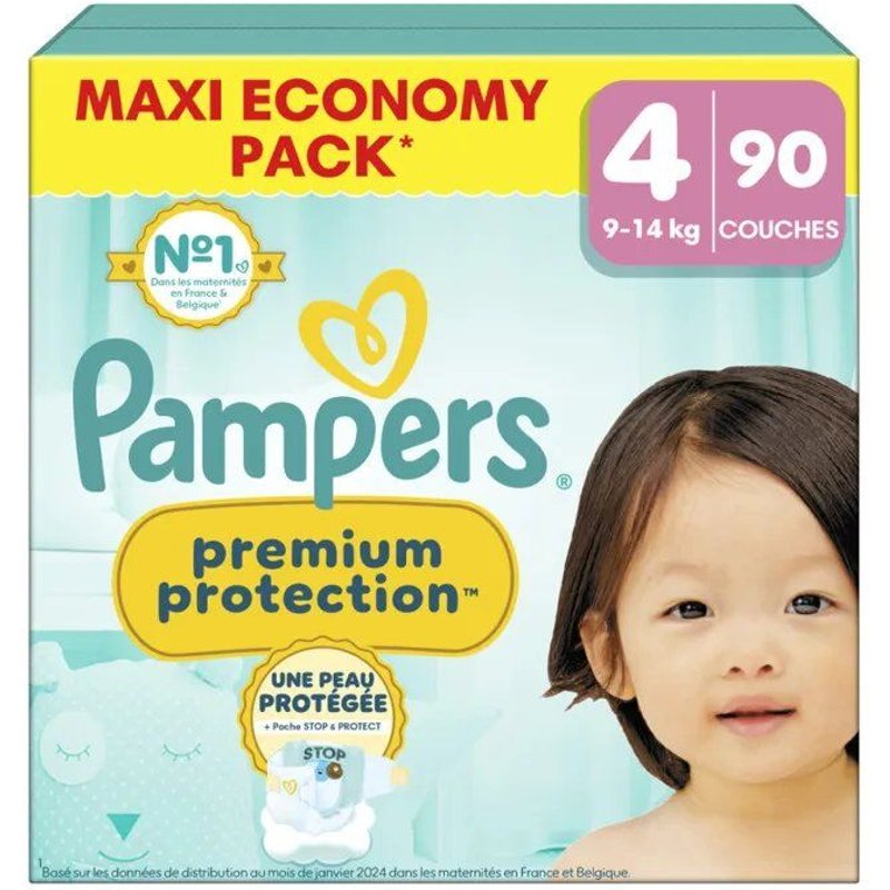Pampers Premium Protection Taille 4, 90 Couches, 9kg-14kg, Double Protection Pour La Peau Et Contre Les Fuites
