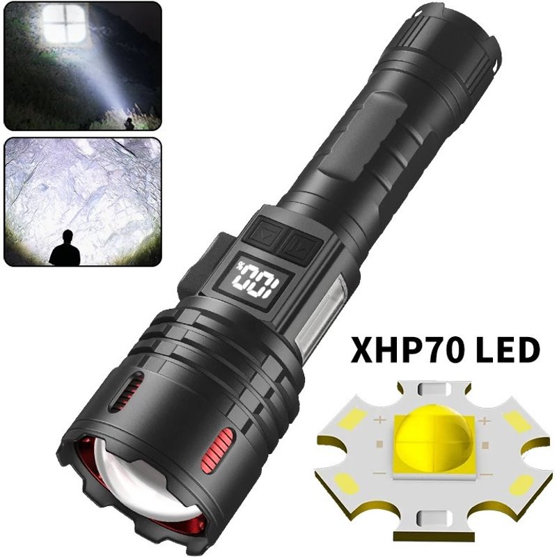Lampe de poche super brillante COB avec lumière latérale XHP70 30W LED USB-C avec batterie 26650 de 16000 lumens, 6 modes pour extérieur et situations d'urgence, Zoomable