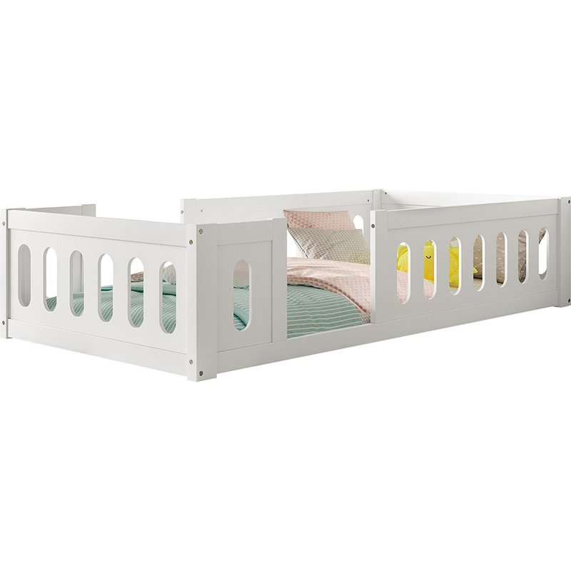 Lit enfant 90x200 en bois plateforme avec barrière de protection blanc