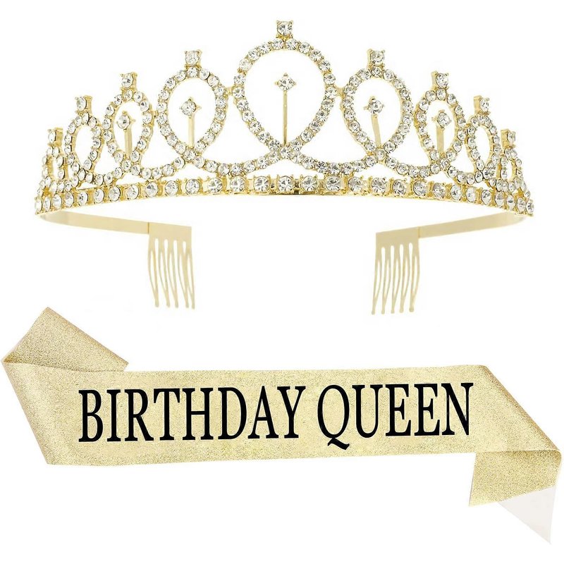 Couronne Et ¿¿Charpe D'anniversaire, Diad¿¿Me En Cristal Et Strass Avec ¿¿Charpe D'anniversaire Pour Filles, Accessoires De Coiffure Dor¿¿S.