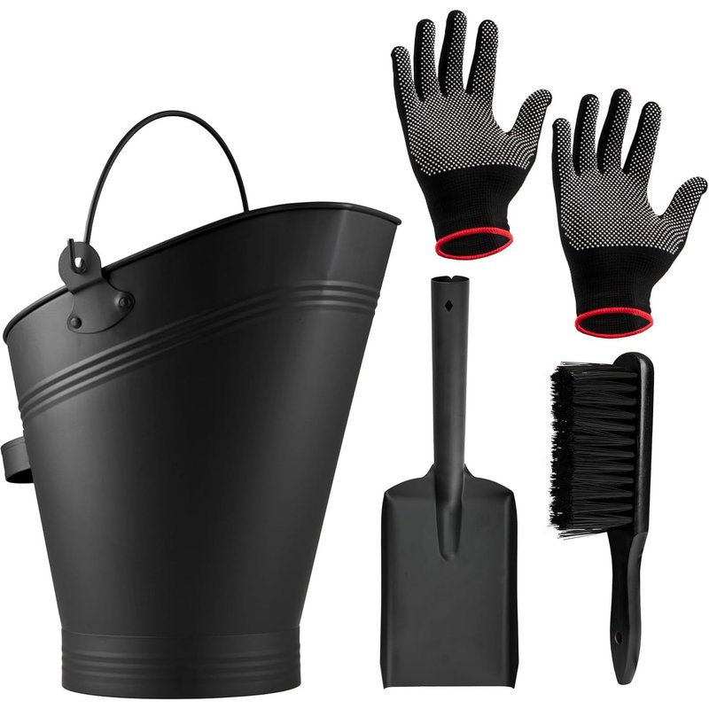 Set Outils Cheminee,4 Morceau Accessoires Cheminée Seau a Cendre,Pelle,Brosse & Gants