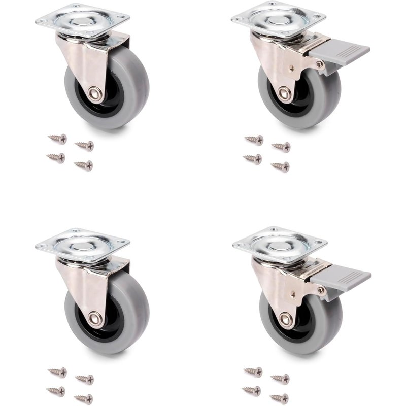 JEXNOVASHOP-Lot de 4 roulettes pivotantes pour meuble Ø50mm avec plaque de fixation et roulement à billes, roulettes en caoutchouc couleur gris