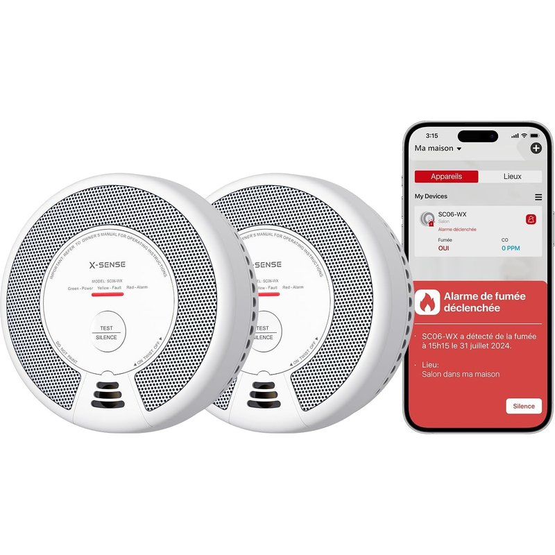 JEXNOVASHOP-Wi-FI Détecteur de Fumée et de Monoxyde de Carbone Connecté avec Pile remplaçable, Détecteur Combiné Intelligent Compatible avec l¿Application X-Sense Home Security, SC06-WX, Lot de 2