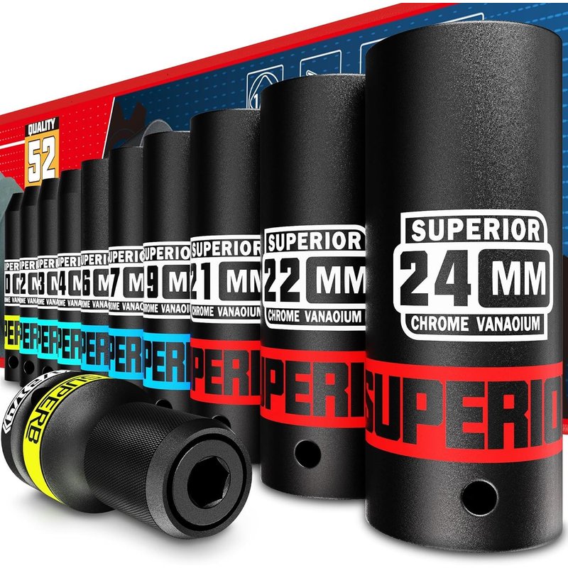 JEXNOVASHOP-Douilles à Chocs 1/2"", 11 Pièces Métriques de 10-24 mm Jeu de Douilles Profondes Impact et Adaptateurs de Douille pour La Réparation Automobile et Le Remplacement des Pneus