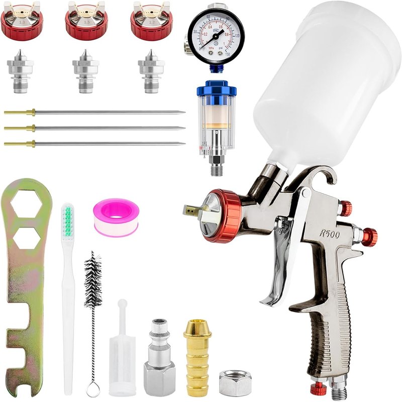 JEXNOVASHOP-R500 LVLP Pistolet pulvérisateur à air comprimé avec 3 buses de 1,3/1,5/1,7 mm, pistolet à peinture pour voiture et maison, bricolage, avec accessoires de pulvérisation de peinture, facil