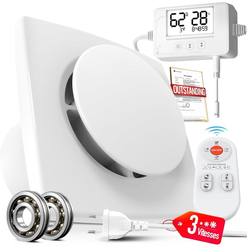 JEXNOVASHOP-100mm Ventilateur Extracteur d¿Air Hygroréglable Thermostatique, Minuterie, VMC Salle de Bain avec Télécommande, Affichage Température Humidité, 3 Vitesses Silencieux Puissant Ventilation
