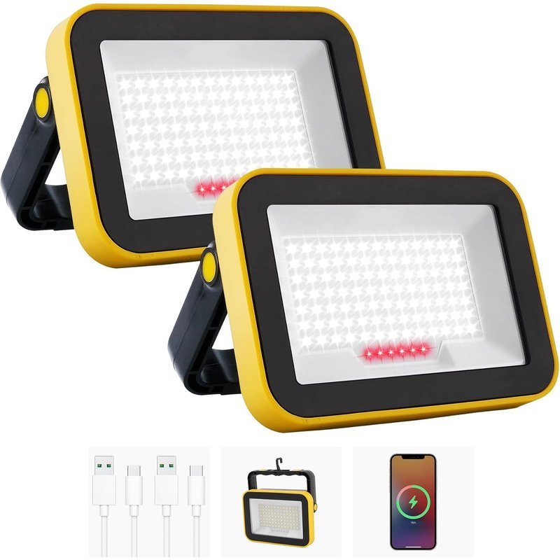 JEXNOVASHOP-Projecteur Led Rechargeable, 5 Modes Projecteur Led Chantier Batterie avec Câble USB, 4000mAh Lampe de Chantier Portable, IP65 Étanche Lampe de Travail pour Garage, Camping, Pêche, 2 Pièc