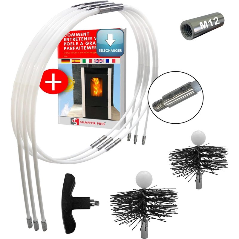 JEXNOVASHOP-kit de ramonage poêle pellet 9 mètres - hérisson ramonage 80 mm 100 mm EASYFLEX Ebook Offert à Télécharger poêle pellets granules 15 cannes de ramonage flexible Adaptateur M12