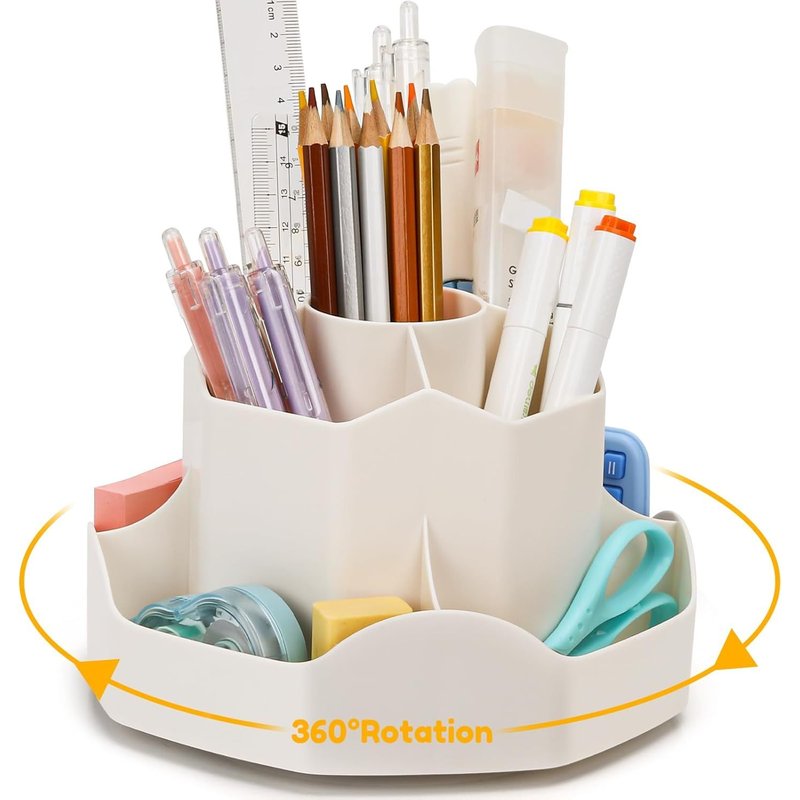 JEXNOVASHOP-Organisateur de Bureau Rotatif, Pot a Crayon avec 9 Compartiments Indépendants, Rangement Bureau 360° Porte Stylo Bureau Gain de Place pour Enfants, Fournitures Scolaires Modernes(Beige)