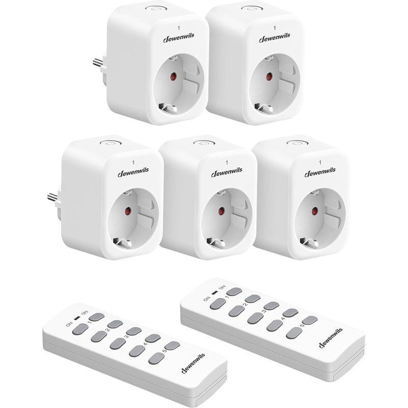 JEXNOVASHOP-Prise Télécommandée Programmable avec 5 Prises et 2 Télécommandes Pré-appariés, 10 A 2300 W, Prise Télécommande Sans Fil avec Portée de 30 m dans la Zone Ouverte, Certifié CE, Lot de 5