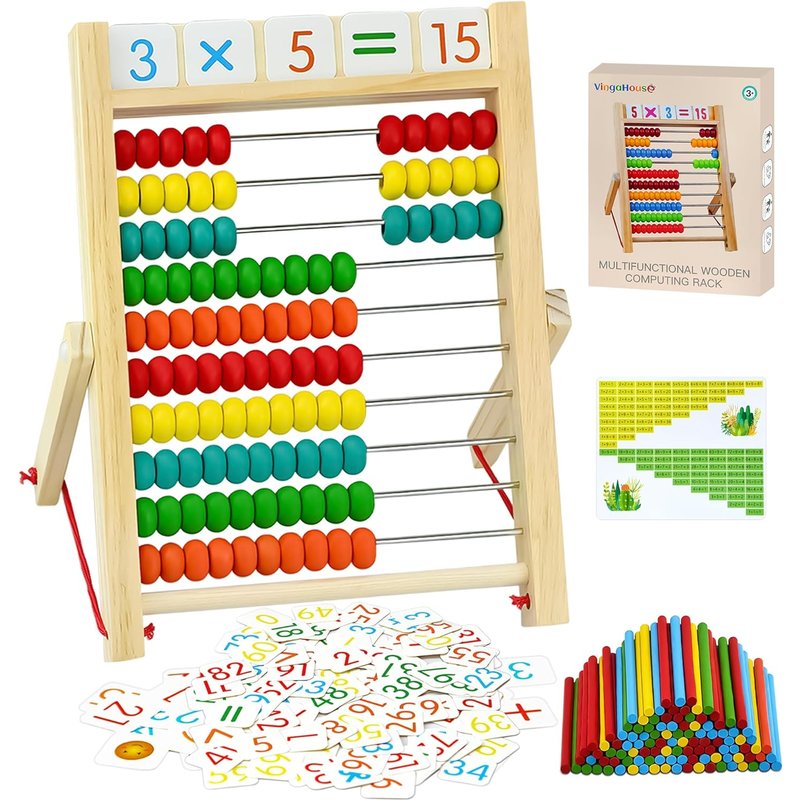 JEXNOVASHOP-Boulier Règle Calcul Montessori Abacus Mathématique, Cadre de comptage avec 100 Perles/bâtons de comptage/Anglaise Cartes Alphabet numérotées Jouet éducatif pour Les à partir de 3 Ans