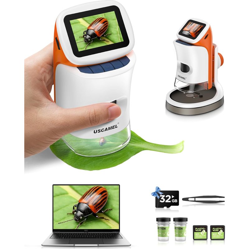 JEXNOVASHOP-Microscope pour Enfants avec Pied: Microscopes Numériques Main 100-1000x: Écran LCD 4K 2,0 Pouces USB Portable Microscope de Poche, avec Kits Scientifiques, 15 Diapositives, Carte Mémoire