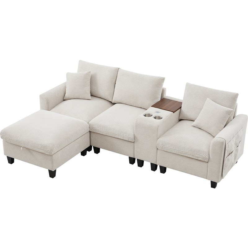 Canapé d¿Angle Convertible,4 Places Avec Console, 2 Porte-Verre, Prises de Charge USB,Tissu Corduroy,229×149.5×83cm,Beige