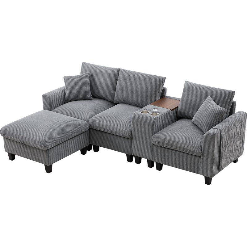 Canapé d'Angle Convertible,4 Places Avec Console, 2 Porte-Verre, Prises de Charge USB,Tissu Corduroy,229×149.5×83cm,Gris