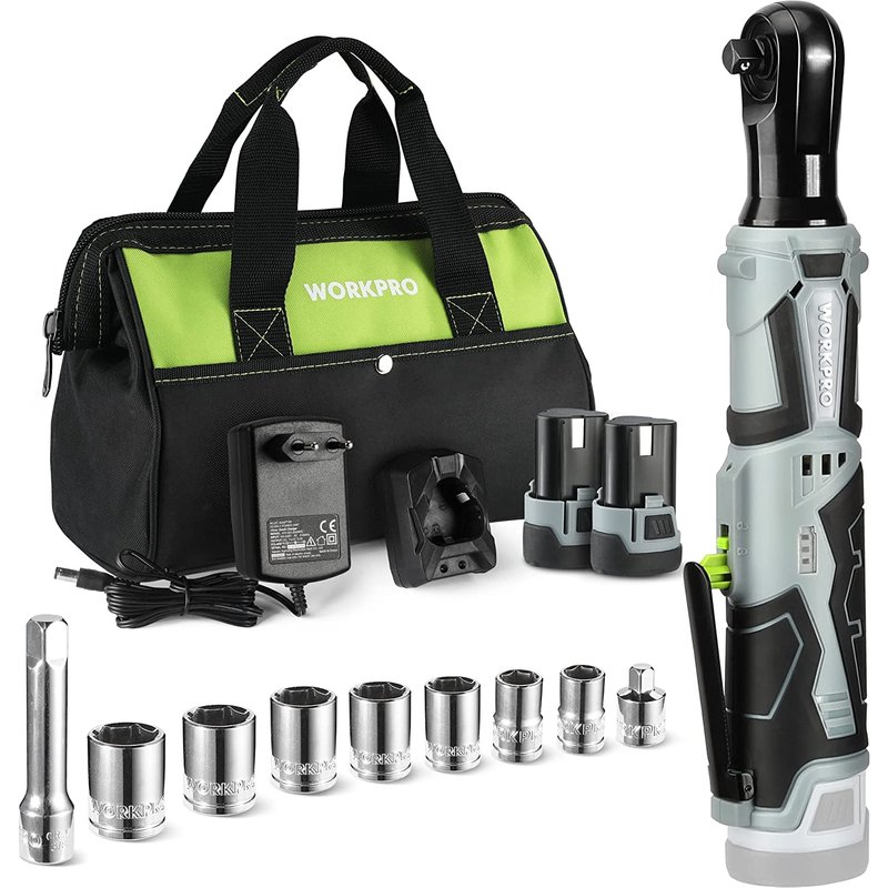 Cle a Cliquet Sans Fil 12V WORKPRO, 3/8, 55N.m, 2 Batteries de 2,0 Ah, Charge Rapide en 1 Heure, Cle a Cliquet Electrique avec Lumiere LED et 9 Accessoires et Sac de Rangement