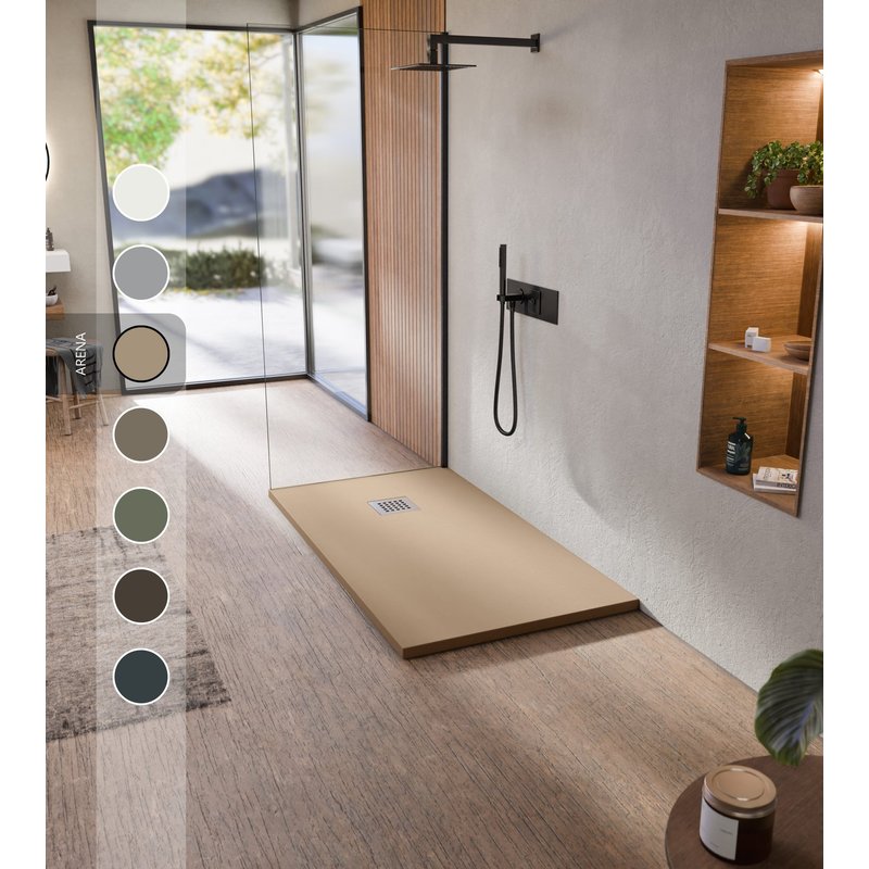 BELLOBATH - Receveur de douche en résine antidérapante - Texture ardoise lisse - Avec la bonde et la grille comprises - Sable - 90 X 160 cm