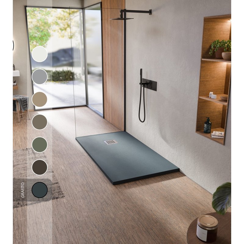 BELLOBATH - Receveur de douche en résine antidérapante - Texture ardoise douce -Avec la bonde et la grille comprises - Graphite - 75 X 200 cm