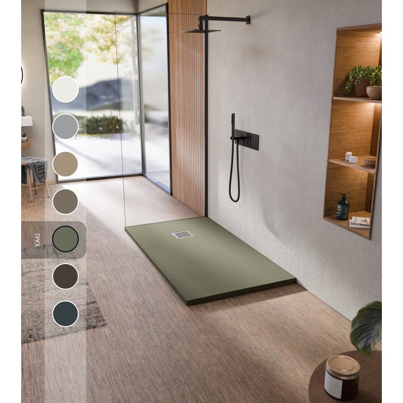 BELLOBATH - Receveur de douche en résine antidérapant - Texture ardoise douce - Avec la bonde et la grille comprises - Kaki - 80 X 110 cm