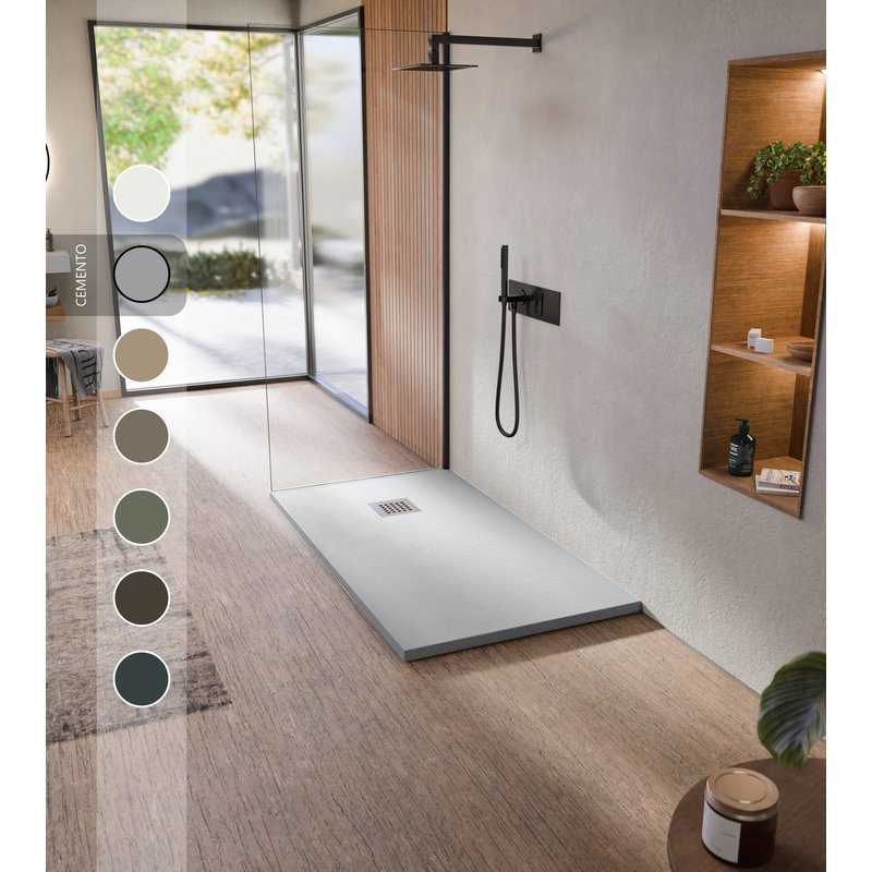 BELLOBATH - Receveur de douche en résine antidérapante - Texture ardoise douce -Avec la bonde et la grille comprises - Ciment - 100 X 140 cm